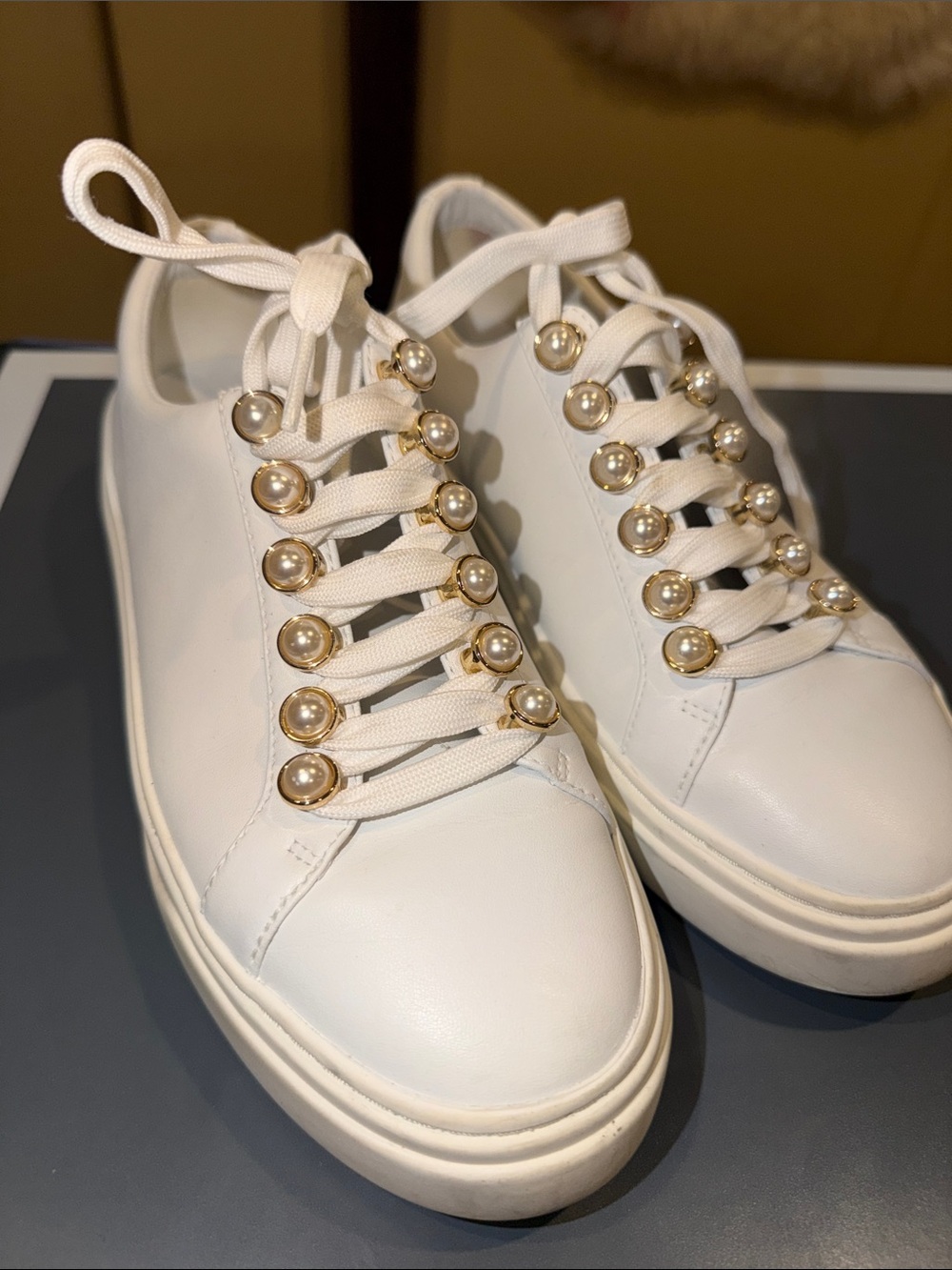 Stuart Weitzman White Sneakers with Pearl and Gold Accents